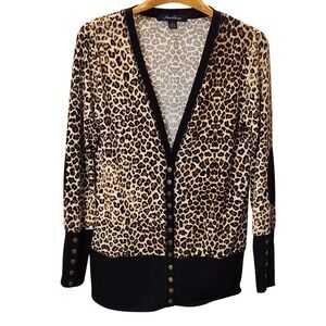 Hawthorne Leopard Print Cardigan Sweater Black Trim Snap Front Women Size L